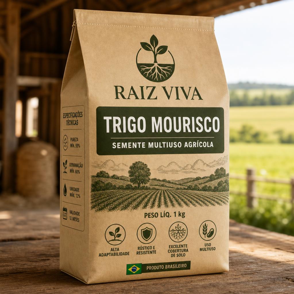 Embalagem Raiz Viva Trigo Mourisco em ambiente agrícola