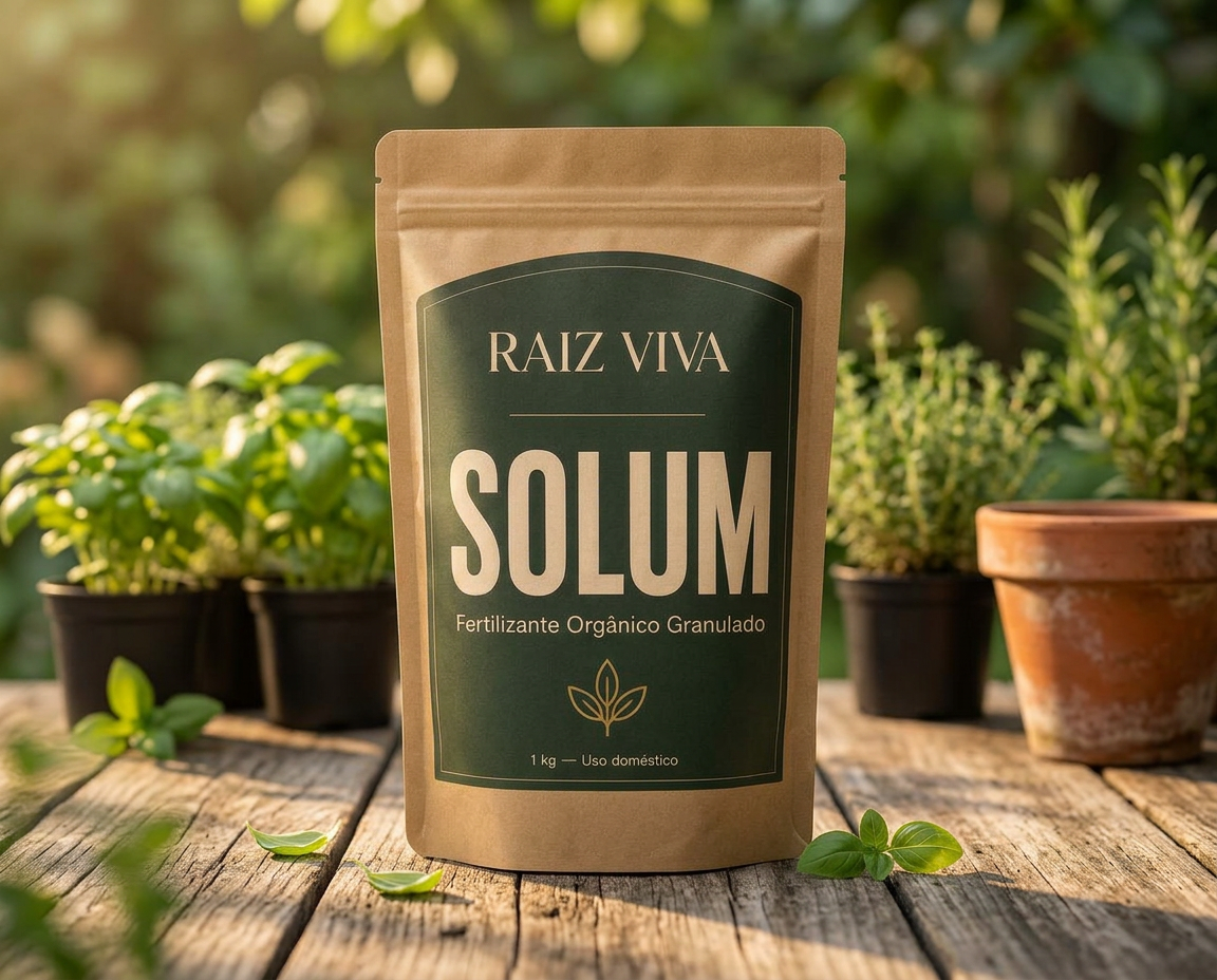 Embalagem Solum em canteiro com plantas saudáveis